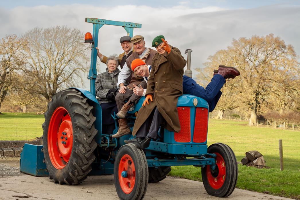 POWERING UP: Checking out John Moore’s 1957 Fordson Major are Castle Players cast members Rhonda Hart-Davis, Peter Cockerill, Ian Kirkbride, Ben Pearson and Andy Moorhouse