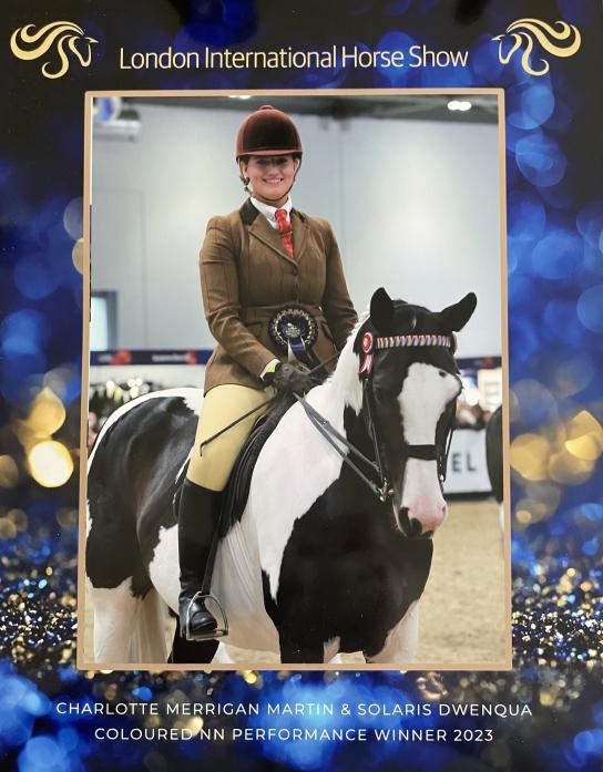 TOP PLACE: Charlotte Merrigan-Martin and Solaris Dwenqua after winning at the London International Horse Show
