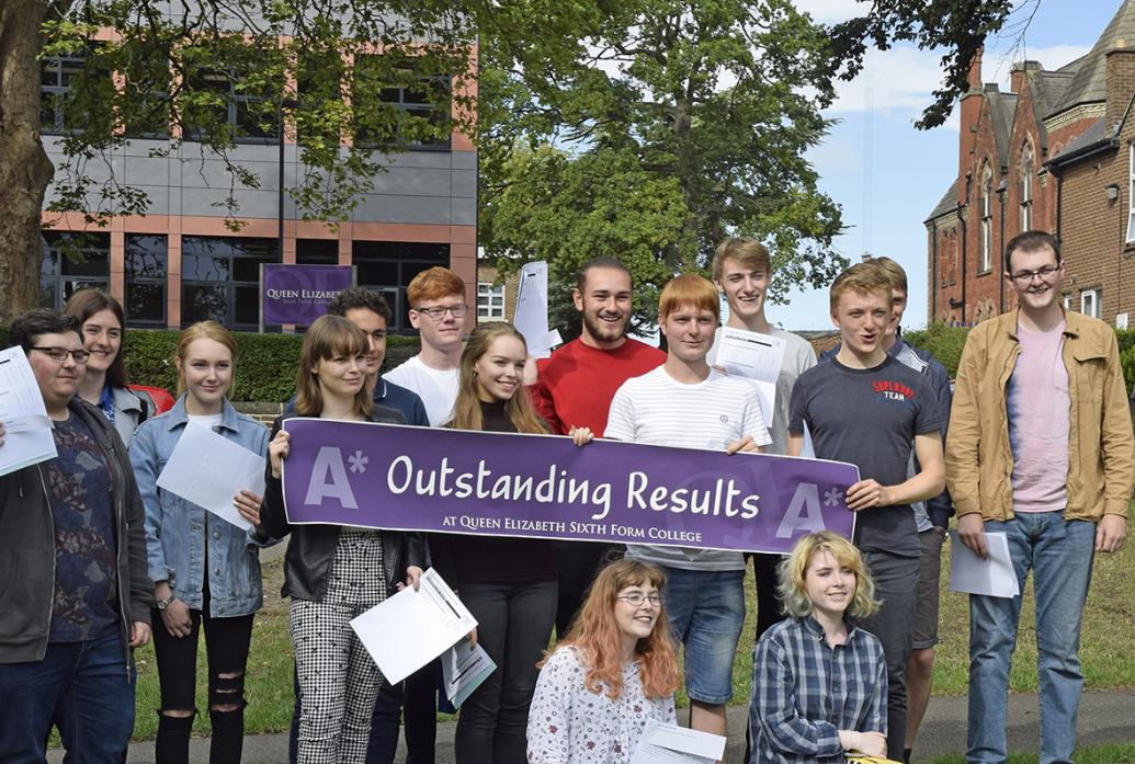 DIDN’T WE DO WELL: Students who achieved A*s in their A levels at Queen Elizabeth Sixth Form College, Darlington celebrate