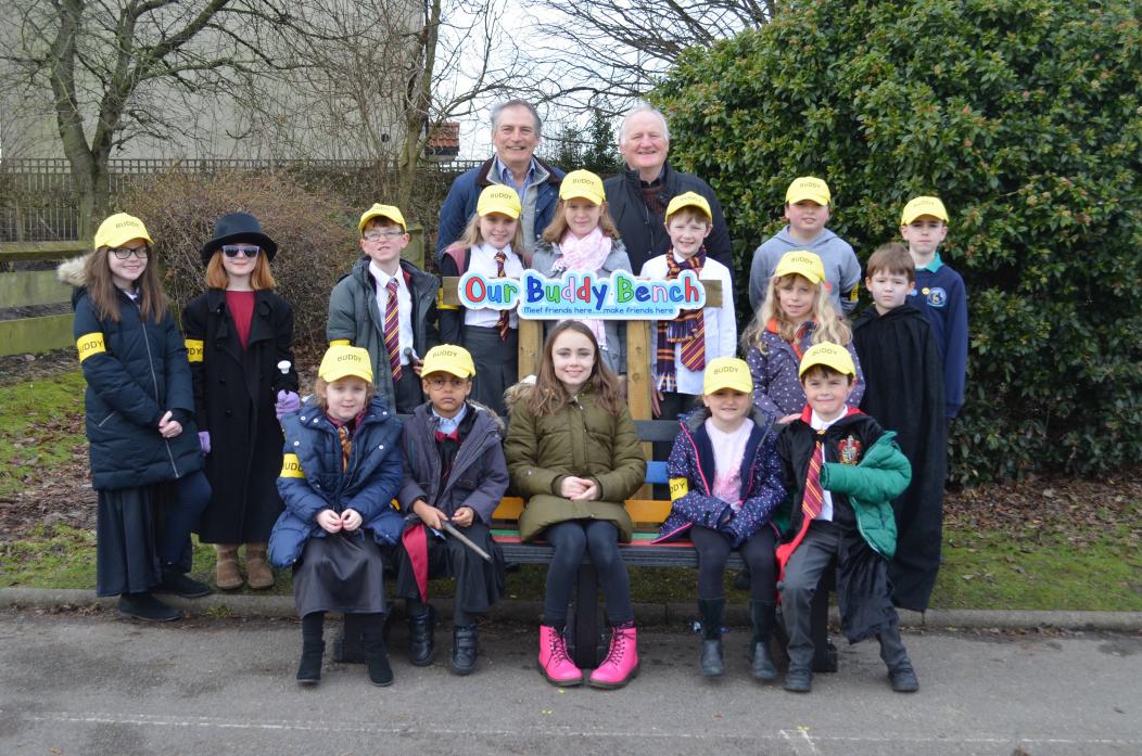 HEARTFELT: Pupils at Staindrop Primary School thanked county councillors George Richardson and James Rowlandson for their new buddy bench in the playground. Emily Shepherd is seated centre