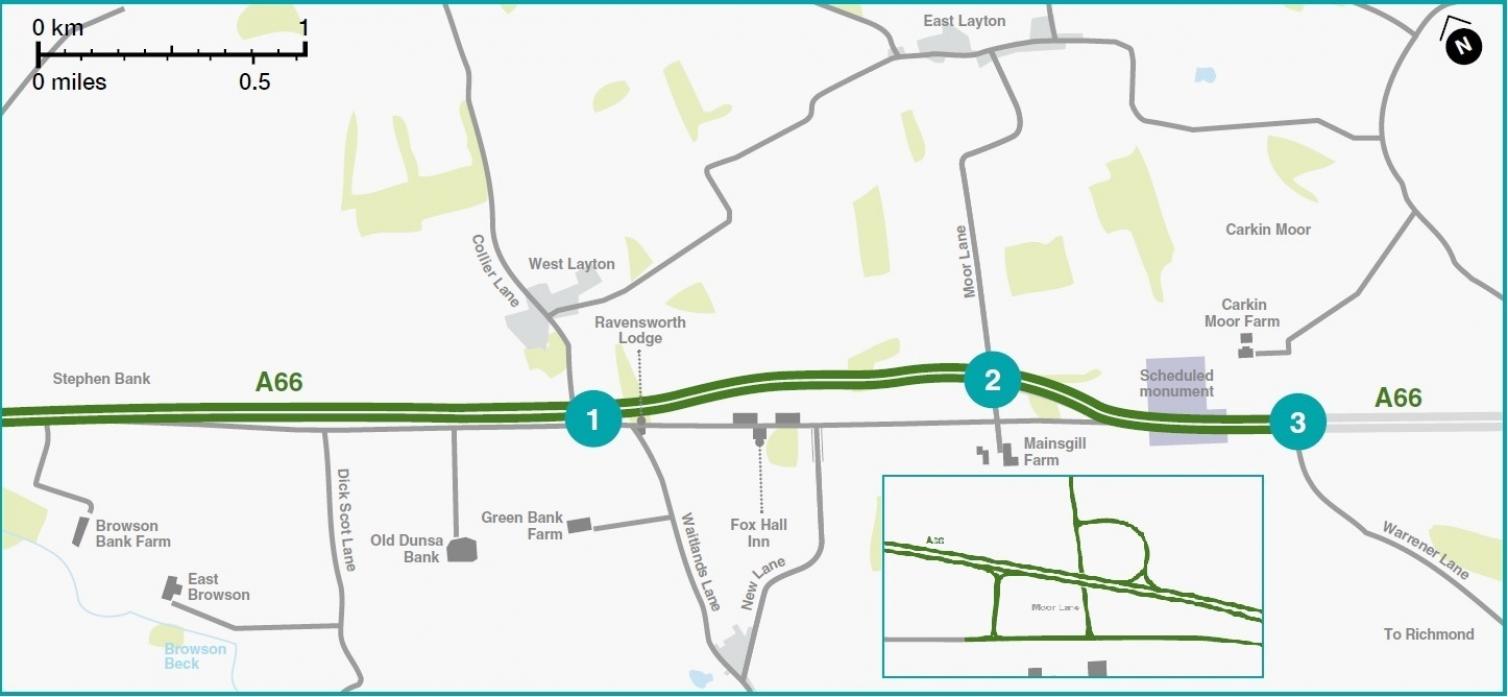 NEW ROAD: Highways England’s proposed route of the dualled A66 in North Yorkshire showing the location of three new junctions including the one at East Layton (2) with the proposed layout inset.