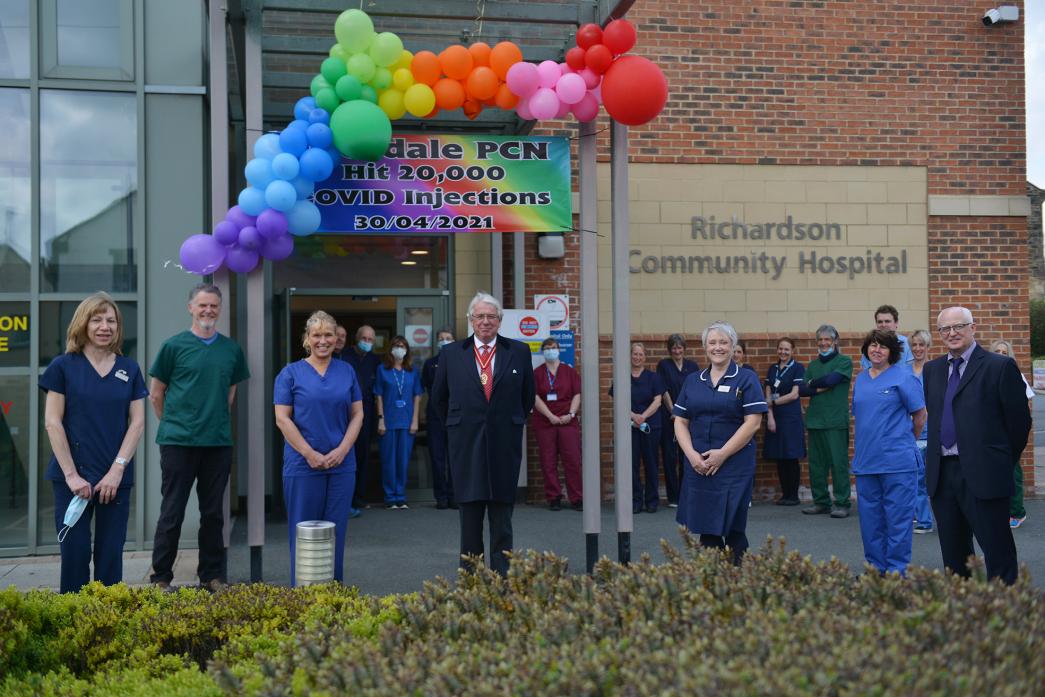 LANDMARK MOMENT: Co-ordinator Margret Talbot-Brown, Dr Rob Carter from Barnard Castle Surgery,  PCN clinical director Dr Dilys Waller from Woodview Surgery in Cockfield, High Sheriff Robert Harle, head of district nursing Sandra Smyth, retired deputy assi