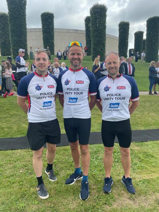 PEDAL POWER: Ed Tuner (centre), Sgt Pete Tate and call handler Michael Wallace at the National Memorial Arboretum after the 180 mile UK Police Unity Tour