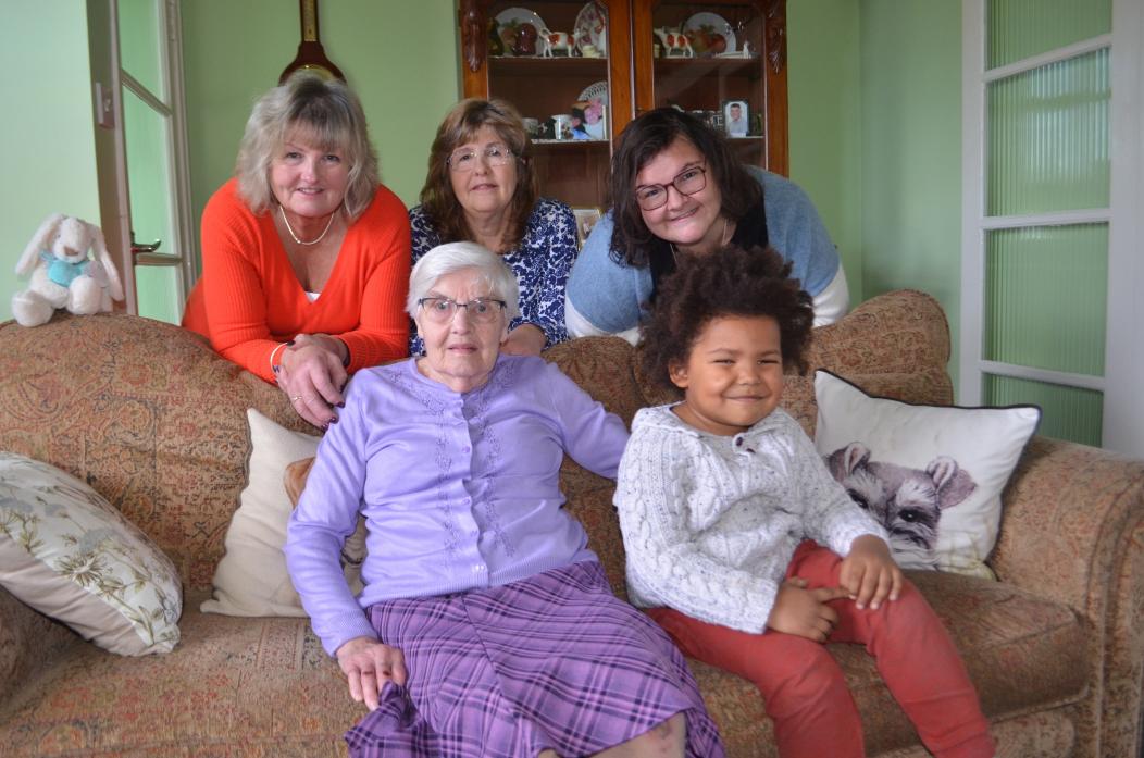 SAFE AND SOUND: Doris Teasdale with two of her daughters, Kathleen Weston and Audrey Kell, and grand-daughter Sophie Sakanga and great-grandson Noah