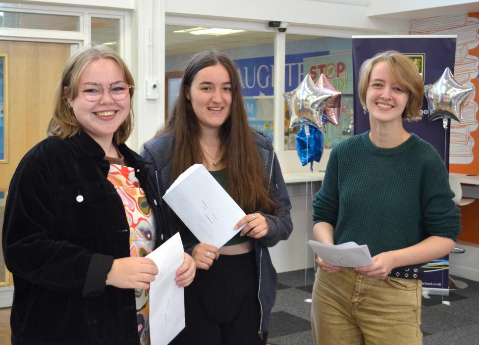 ALL SMILES: Above, Kirsty McLachlan, right, with pals Harriet Morris and Neeve Hardy, who all gained the grades required to go off to university. Top right, Clive Whetstone and Thomas Cuthbert were pleased with their results. Far right, Ben Arundel will b