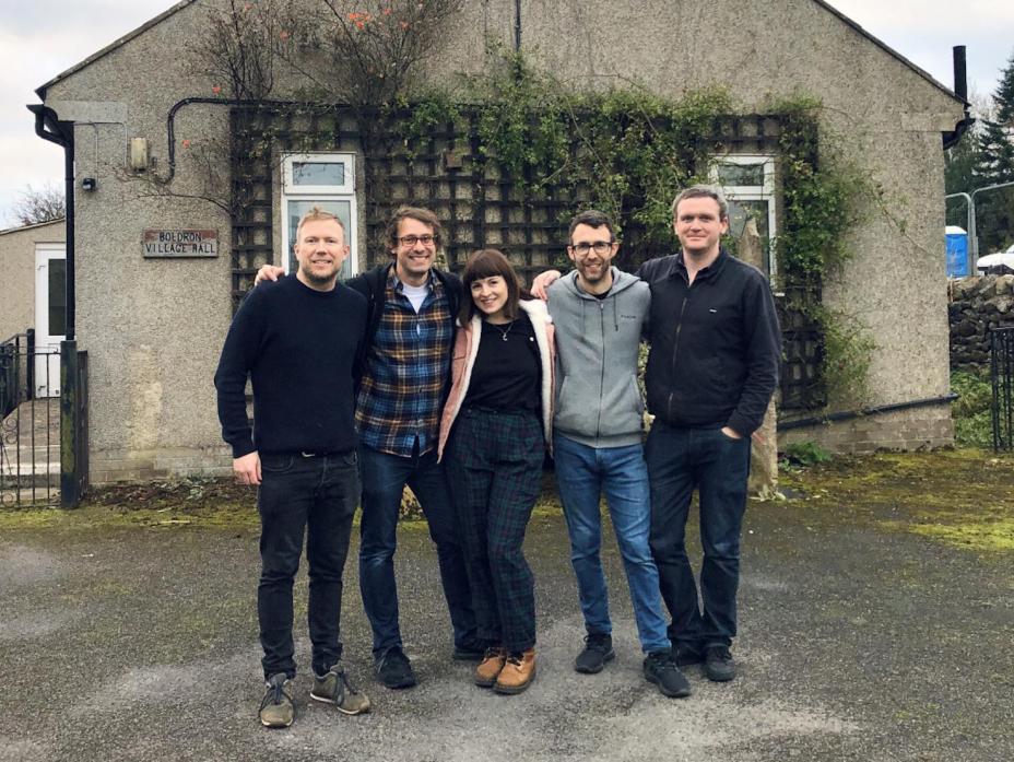 VISIBLE AGAIN: Unkle Bob, with Rob Yeadon second right, pictured during their visit to Boldron. The five original members of the band have released a new album called Invisible