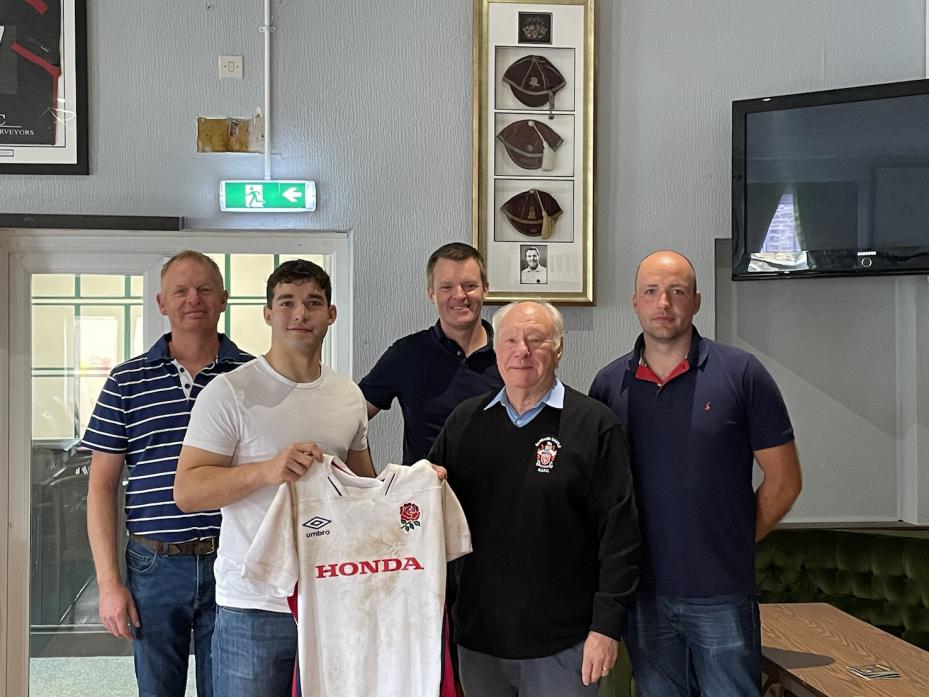 SPECIAL SHIRT: Jacob Oliver presents his England jersey to John Lowery, watched by John Rickard, David Forster and Aaron Breeze