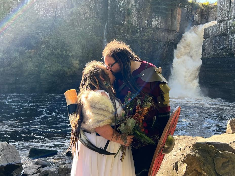 I DO: Amy and Callum Kinchley became the first couple to tie the knot at the base of High Force and they did it in Viking style