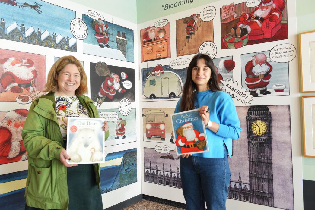 BRILLIANT BRIGGS: Alison White, of The Bowes Museum with Olivia Ahmad, from the Quentin Blake House of Illustration, in front of the Father Christmas display that forms part of the Raymond Briggs: A Retrospective exhibition.  Below, the Snowman