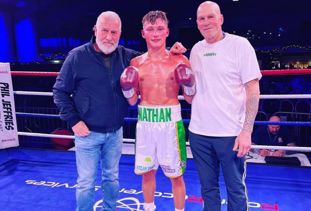 TWO OUT OF TWO: Nathan Forrest celebrates his second win as a professional boxer after outpointing his opponent over four rounds