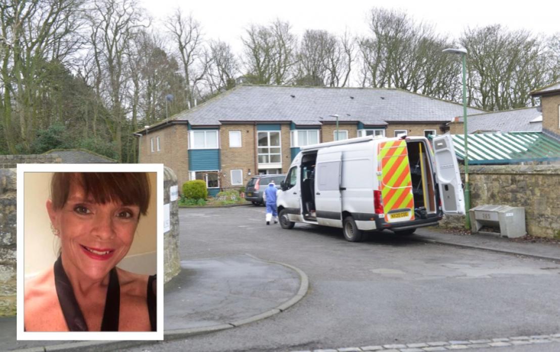 Police forensic teams at Bowes Lyon Court. Inset, Jane Collinson, who was pronounced dead at the scene on Saturday