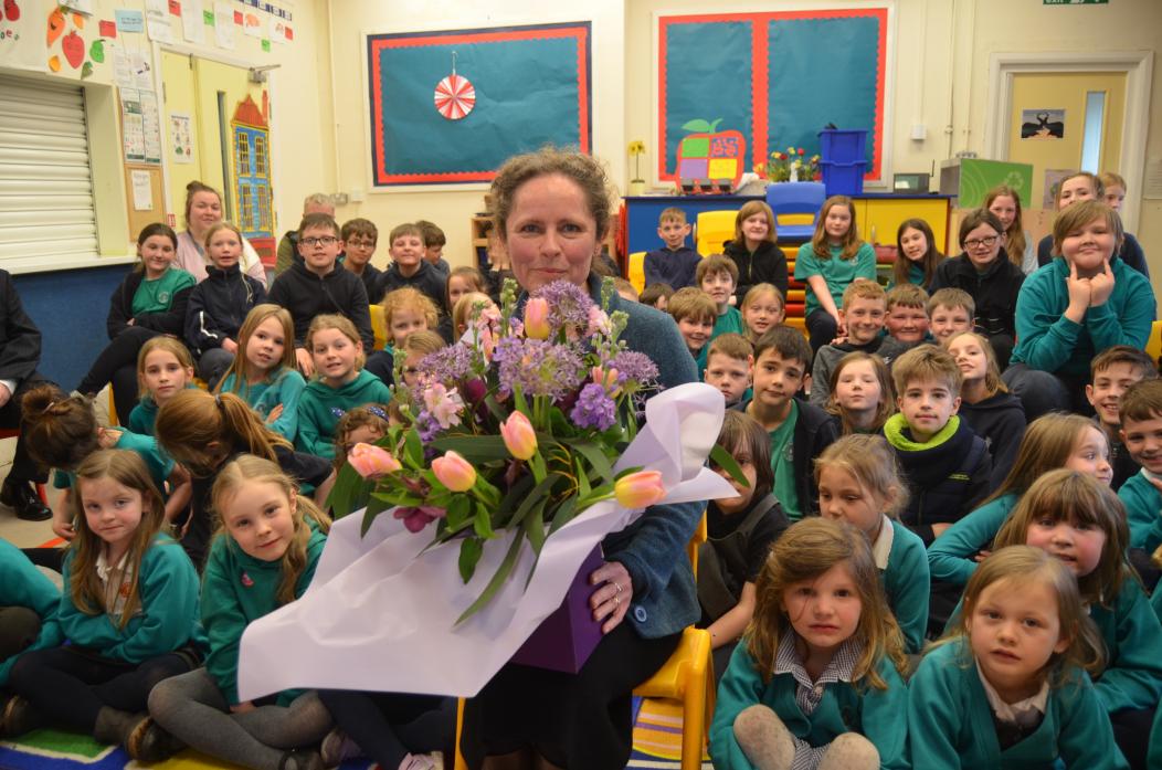 FAREWELL MISS: Deputy headteacher Sue Scaife says goodbye to children at Bowes Hutchinson Primary School during the leaving assembly to mark her retirement