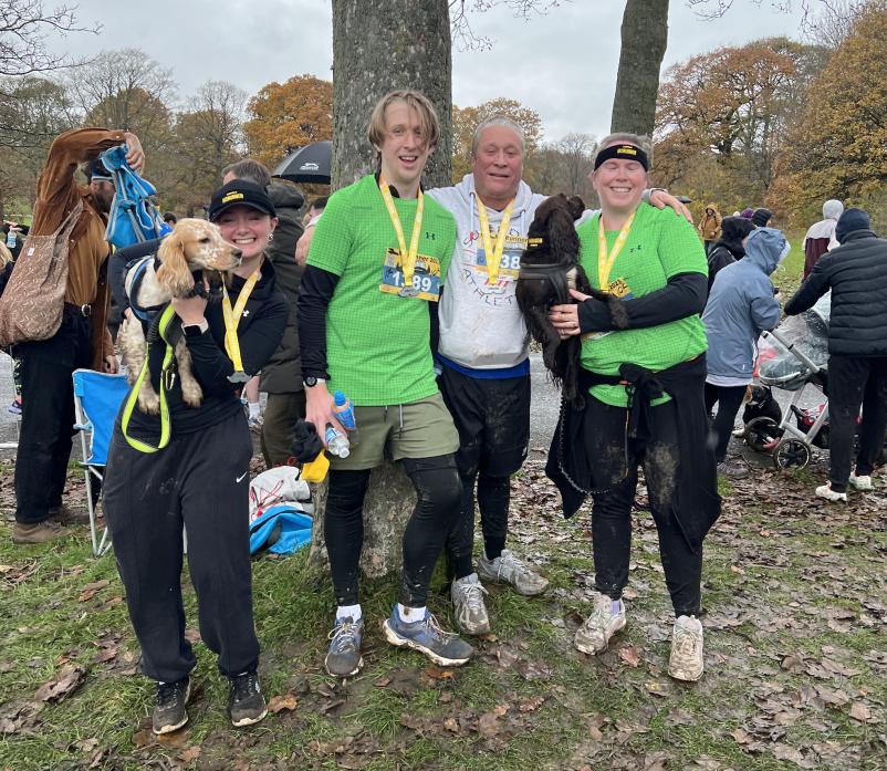 RUNNING FOR SOPHIE: Charles, Lindsey and Cameron Hall with Ellie Rutterford and dogs Alfred and Stanley at the start of the Leeds MoRun 10k race