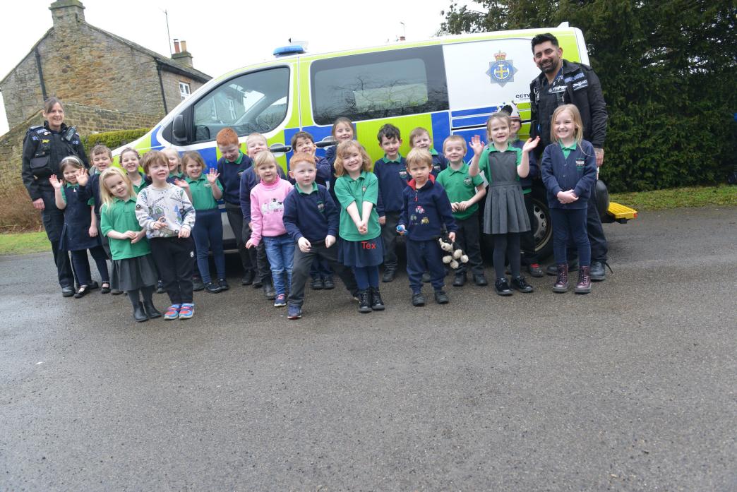 PCSOs Liz Finn and Preet Singh with children from pre-school and reception at Cotherstone