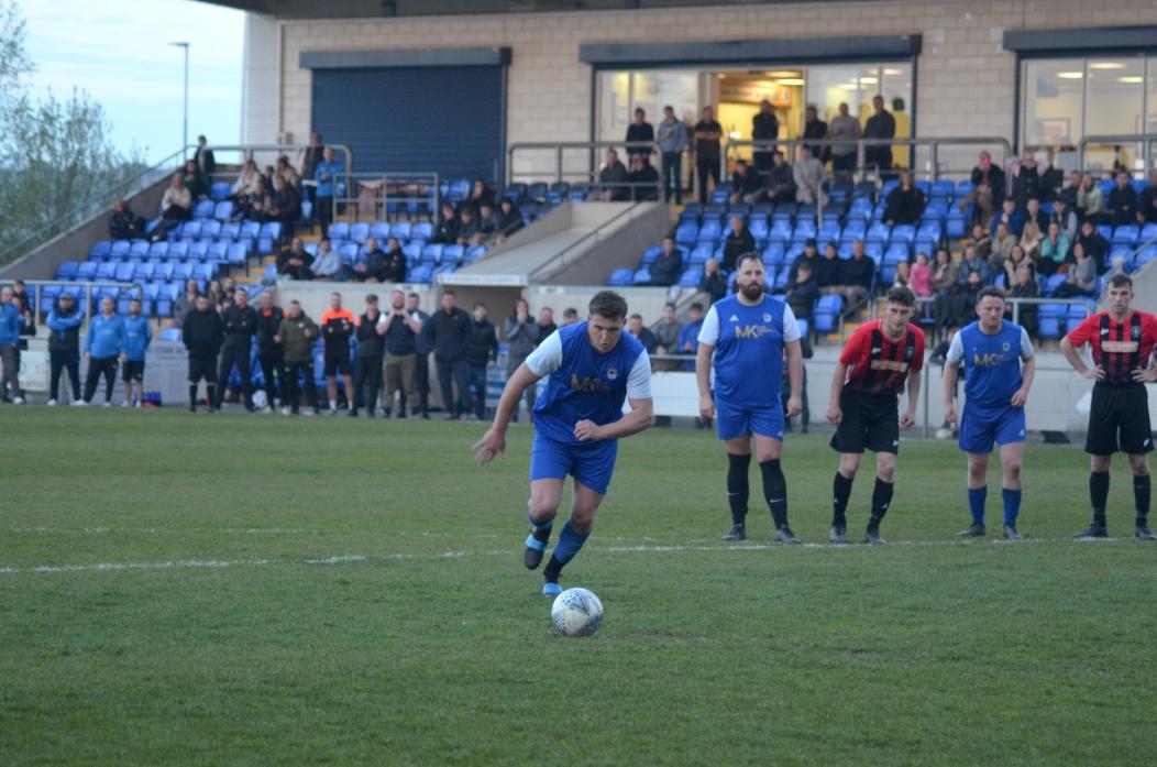 ON THE SPOT: Evenwood’s Gareth McMahon steps up to take the penalty – the shot hit the bar			    TM pic