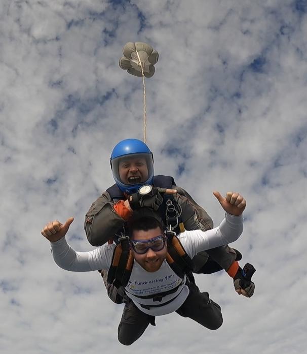 LONG WAY DOWN: Michael England gives a thumbs-up during his dramatic fundraising skydive