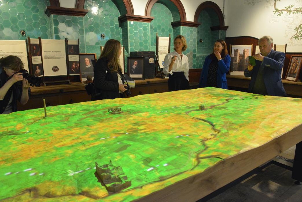 CREATIVE CARVING: Lady Barnard explains the impressive oak table which has the relief of Teesdale’s landscape carved on its surface to create an amazing audio-visual experience    TM pic