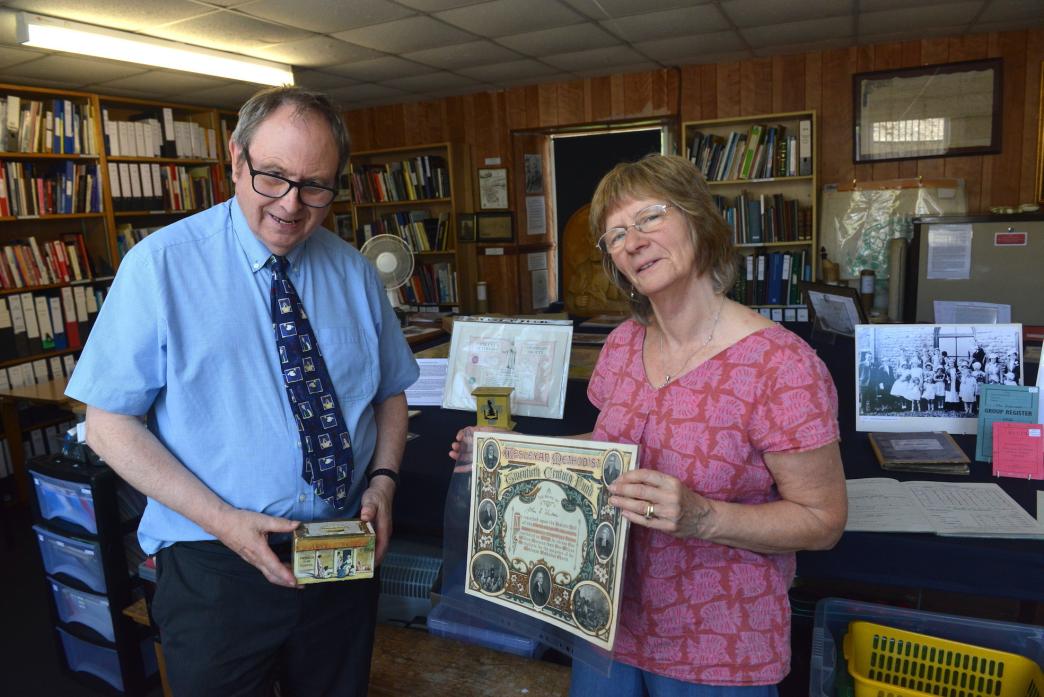 METHODISM IN THE DALE: Lorne Tallentire with an early Methodist missionary collection tin, and Cath Maddison, who have helped put together an exhibition on the history of Methodism in Teesdale TM pic