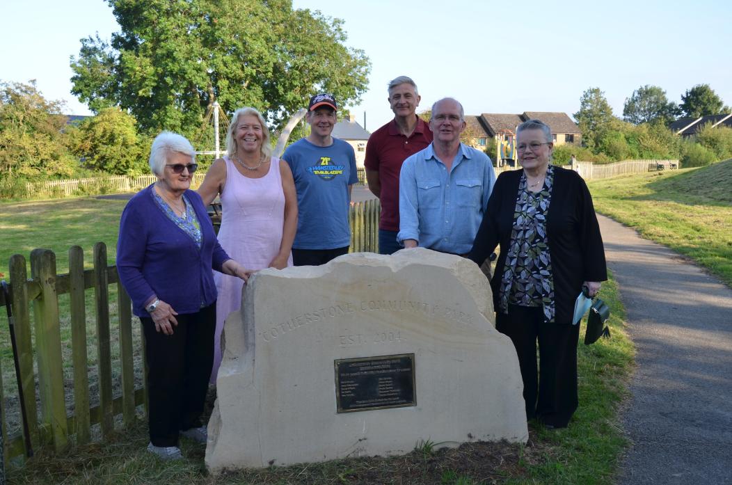 ROCK OF AGES:  Play@Cotherstone trustees Rosemary Thompson, Anna Urbanowicz, Shaun Rogers, Jonathan Smith, Mark Windle and Dreda Foster with the recently unveiled commemorative stone