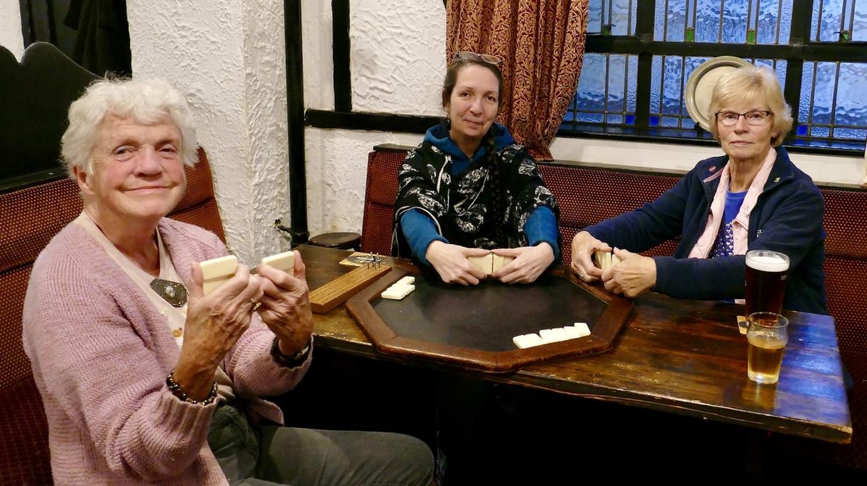 KEEN COMPETITION: Jane Hackworth-Young, Dor Lowe and Brenda Toulson enjoy a game of 5s&3s at the Wheatsheaf, in Staindrop											                All pics: TM pic