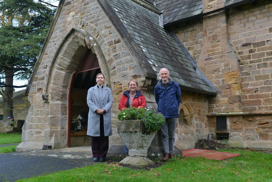 LOOKING BACK: St Mary’s Church curate Revd Ana Moskvina with Whorlton history enthusiasts Amanda Long and Andrew Knox TM pic