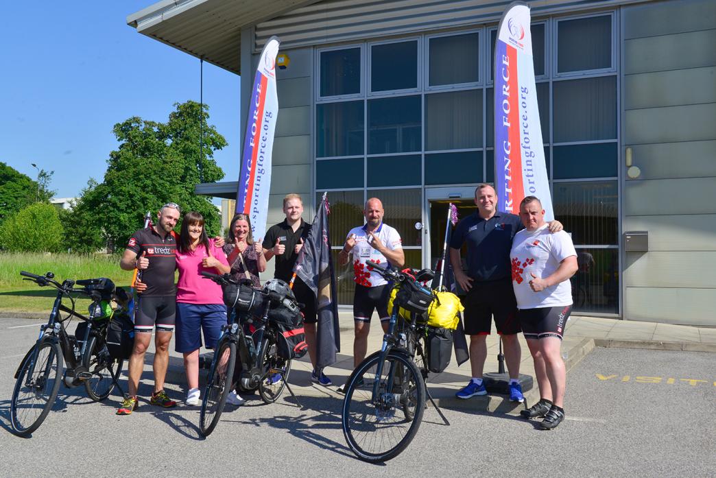 TIME FOR  A CHAT: Tommy Lowther and staff from Sporting Force welcome veterans  Andy Price, Rob Dennison and Gav Corlos