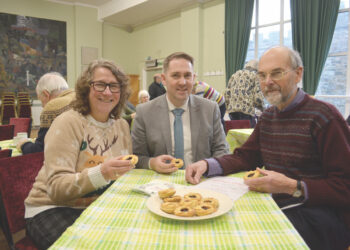 SWEET TREATS: Ronni Moore, Christian Aid church engagement and fundraising officer for the North East and Cumbria, MP Sam Rushworth and local Christian Aid organiser Alan Coustick tuck into mince pies at the last of this year’s advent lunches TM pic