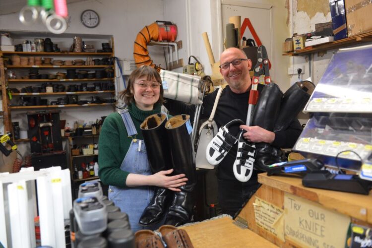 COBBLERS’ LAST: Adrian Andrews and assistant Hannah with a variety of items they have repaired or sharpened