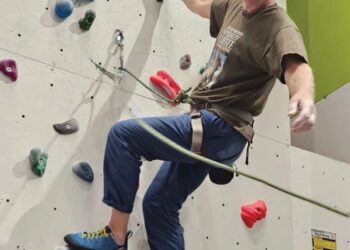 Mountaineer Alan Hinkes on the climbing wall