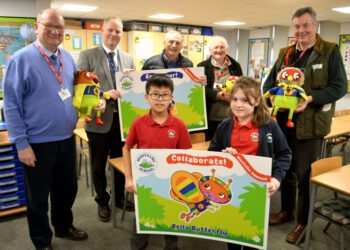 GREAT SUPPORT: Pupils Sophie and Joshua with, from left, Cllr Ted Henderson, headteacher Chris Minikin and Cllrs James Rowlandson, George Richardson and Richard Bell