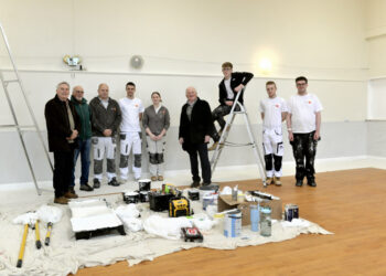 MAKE-OVER: Students from Darlington College, New College Durham and Bishop Auckland College with Cllr James Rowlandson, Peter Wilson of Gainford Village Hall, Charlie Wright and Cameron Southworth from Trades4Care and Cllr George Richardson