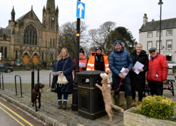 LOOKING FOR CLUES: Barney town councillors Fiona Turnbull and Chris Foote-Wood were joined by resident Janet Stables, Durham County Council’s green and clean team leader Aiden McCabe, warden Emma Leighton and Lauren Iceton, from Durham Civic Pride, during the walk about to inspect bins