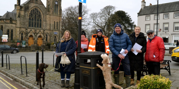 LOOKING FOR CLUES: Barney town councillors Fiona Turnbull and Chris Foote-Wood were joined by resident Janet Stables, Durham County Council’s green and clean team leader Aiden McCabe, warden Emma Leighton and Lauren Iceton, from Durham Civic Pride, during the walk about to inspect bins
