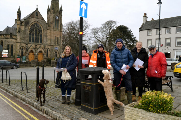 LOOKING FOR CLUES: Barney town councillors Fiona Turnbull and Chris Foote-Wood were joined by resident Janet Stables, Durham County Council’s green and clean team leader Aiden McCabe, warden Emma Leighton and Lauren Iceton, from Durham Civic Pride, during the walk about to inspect bins