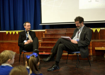 PASTURES NEW: Headteacher Rob Goffee interviews Alec Lees during his retirement assembly