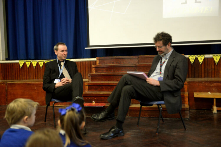 PASTURES NEW: Headteacher Rob Goffee interviews Alec Lees during his retirement assembly