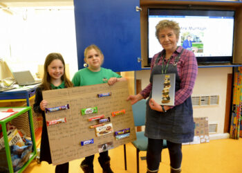 FOND FAREWELL: Holly and Isla present Carolyn Murtagh with a special message made using popular chocolate bars