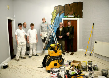 HARD AT WORK: Bishop Auckland College students Brennan Rose-Murgey and John George Proudfoot with Trades4Care directors Charlie Wright and Cameron Southworth and county councillors Richard Bell and Ted Henderson