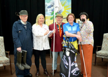 OFF STAGE DRAMA: The cast of Who Killed the Golf Pro, from left, Peter Anderson, Joe Larkin, Dougie Clayton, Ross Law and Linda Gregory