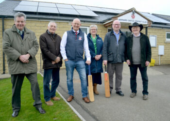 FUTURE ENERGY: Barnard Castle Cricket Club shows off its new solar panels. From left, Cllr Richard Bell, Cllr James Rowlandson, Dave Sparrow, chairman of Barnard Castle Cricket Club, Anita Bainbridge, director of Teesdale Renewables, Cllr Ted Henderson and Cllr George Richardson