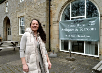 OPEN FOR BUSINESS: Laura Lambert outside the Coach House Antiques and Tearoom at Eggleston Hall, and inside the quirky shop, below