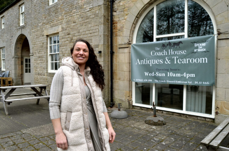 OPEN FOR BUSINESS: Laura Lambert outside the Coach House Antiques and Tearoom at Eggleston Hall, and inside the quirky shop, below