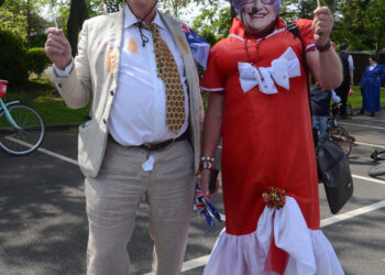 G’DAY SPORT: Colin Glasper and John Emerson as Aussie characters Sir Les Patterson and Dame Edna Everage. Bottom left, Colin Glasper as Winston Churchill, are among some of the memorable moments of past Meets