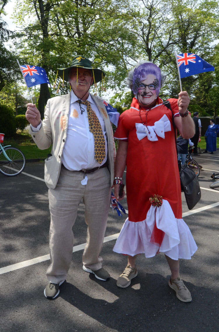 G’DAY SPORT: Colin Glasper and John Emerson as Aussie characters Sir Les Patterson and Dame Edna Everage. Bottom left, Colin Glasper as Winston Churchill, are among some of the memorable moments of past Meets