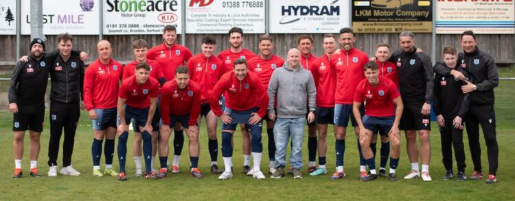 FOOTIE SUPPORT: Adam Morton with the Bishop Auckland Football Club players and officials who donated a portion of their weekly wage towards the 4Louis charity, a charity supporting families with child loss