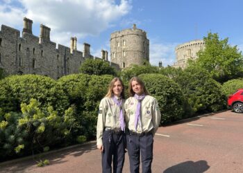 ROYAL HONOUR: Barnard Castle twins Alisha and Tia Bell at Windsor Castle to collect their Kings Scout Award, inset